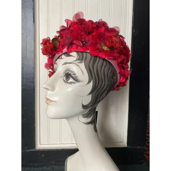 vintage 1950s red flower hat pillbox 50s fashion easter 3-D millinery rockabilly - Picture 4 of 6